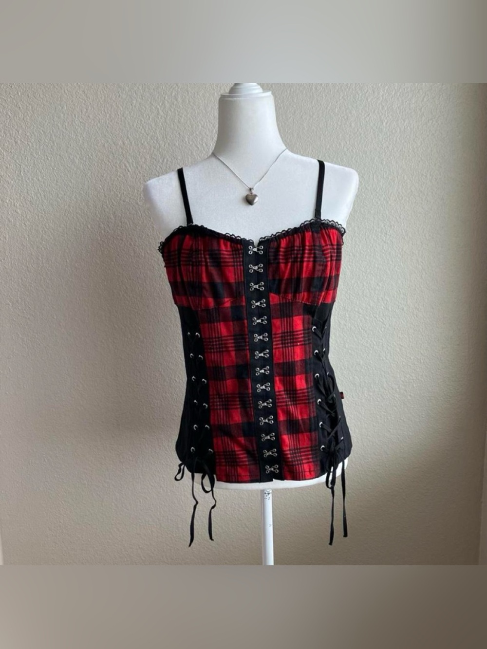 Royal Bones Red Black Plaid Corset Bustier Zip Up Top Festival Daang Goodman